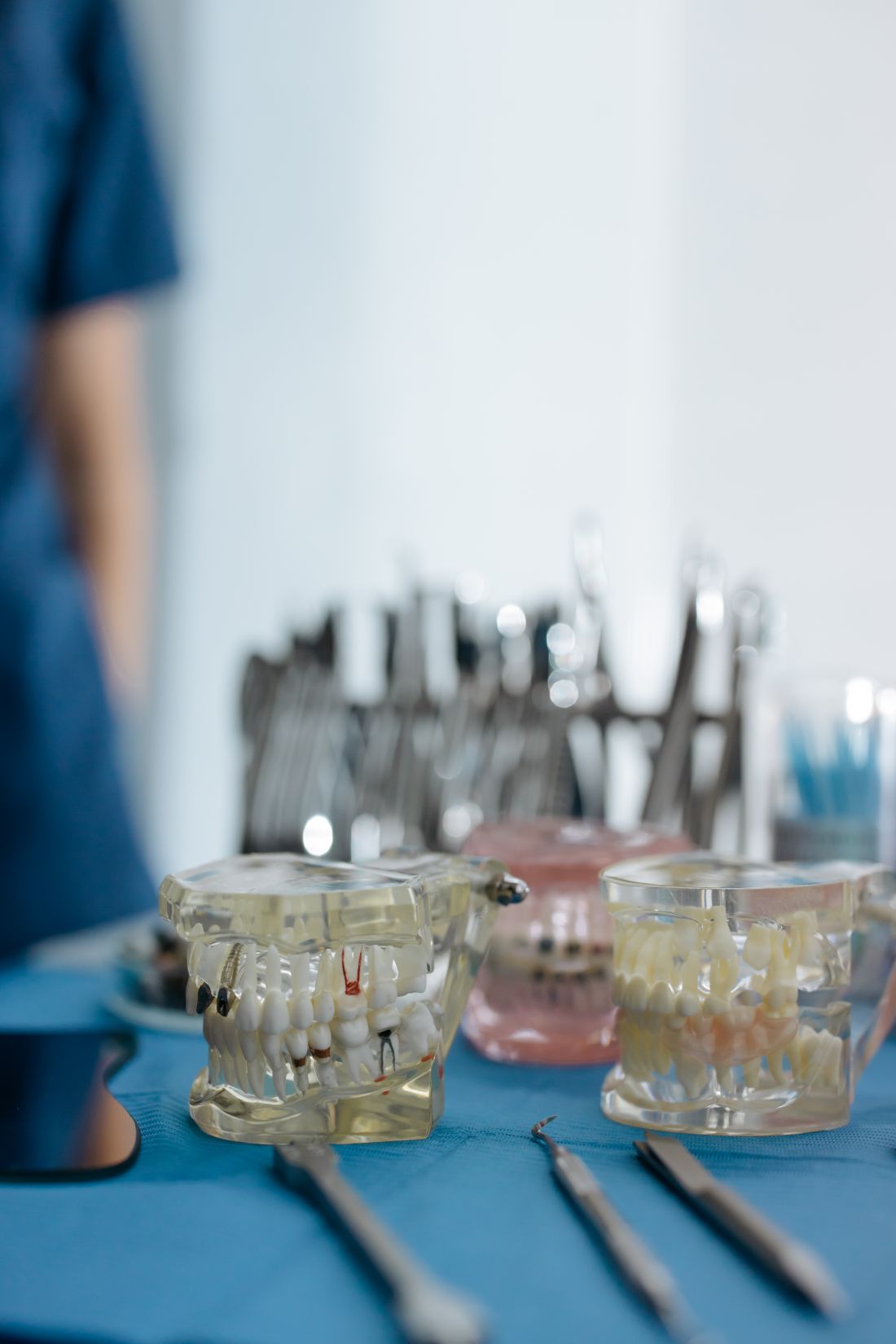 Dental plaster jaw casts beside dental instruments